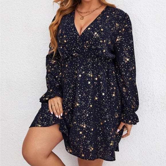 Navy blue gold stars flounce sleeve holidays party dress - Picture 4 of 8